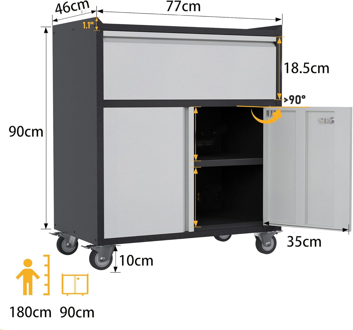 gereedschapskast met laden, werkplaatswagen garagekast met wielen en 2 afsluitbare deuren, metalen kast ideaal voor gereedschap en accessoires