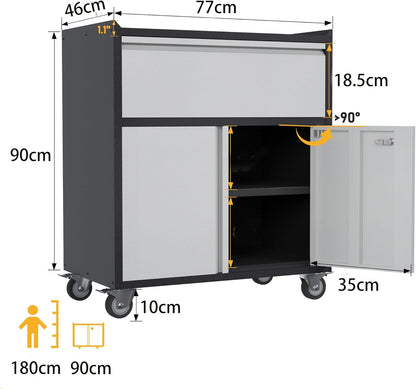 gereedschapskast met laden, werkplaatswagen garagekast met wielen en 2 afsluitbare deuren, metalen kast ideaal voor gereedschap en accessoires