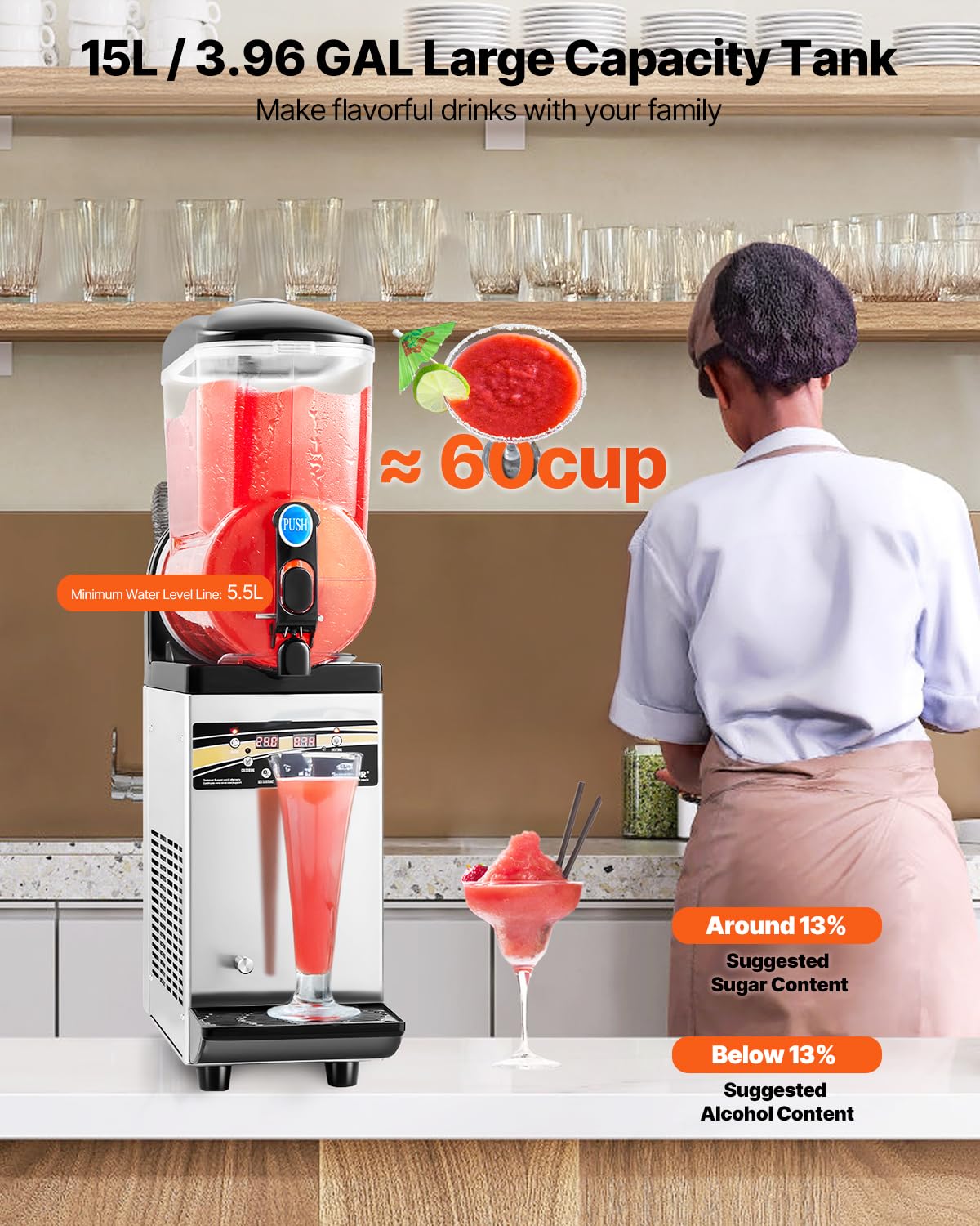 VEVOR Commerciële IJsdrankenmachine, 15 liter roestvrij staal, slush-mixer voor feestjes, restaurants, cafés, bars
