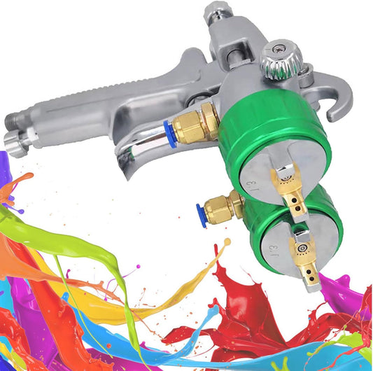 Dubbele Hoofd Druk Feed Verfspuit – Verfspuitpistool – Pneumatisch Spuitpistool – Spuitapparaat – Schilderpistool – Roestvrijstalen Onderdelen – Dubbele Pot 1000ml – Hoge Precisie 1,3mm Mundstuk – Luchtverbruik 8-12 cfm