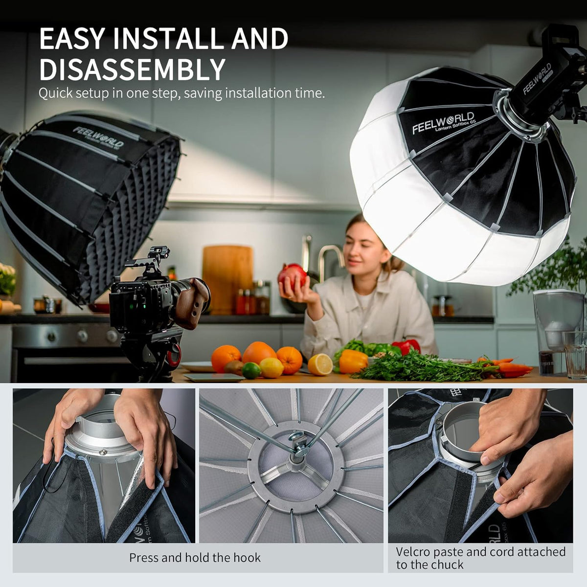 FEELWORLD FSL65 65cm lantaarn Softbox, LED Studio Licht Softbox, Foto Set Accessoires, Bowens Mount, met Stoffen Schuurdeuren Draagtas, voor Fotografie Selfie Live Streaming Interview Verlichting