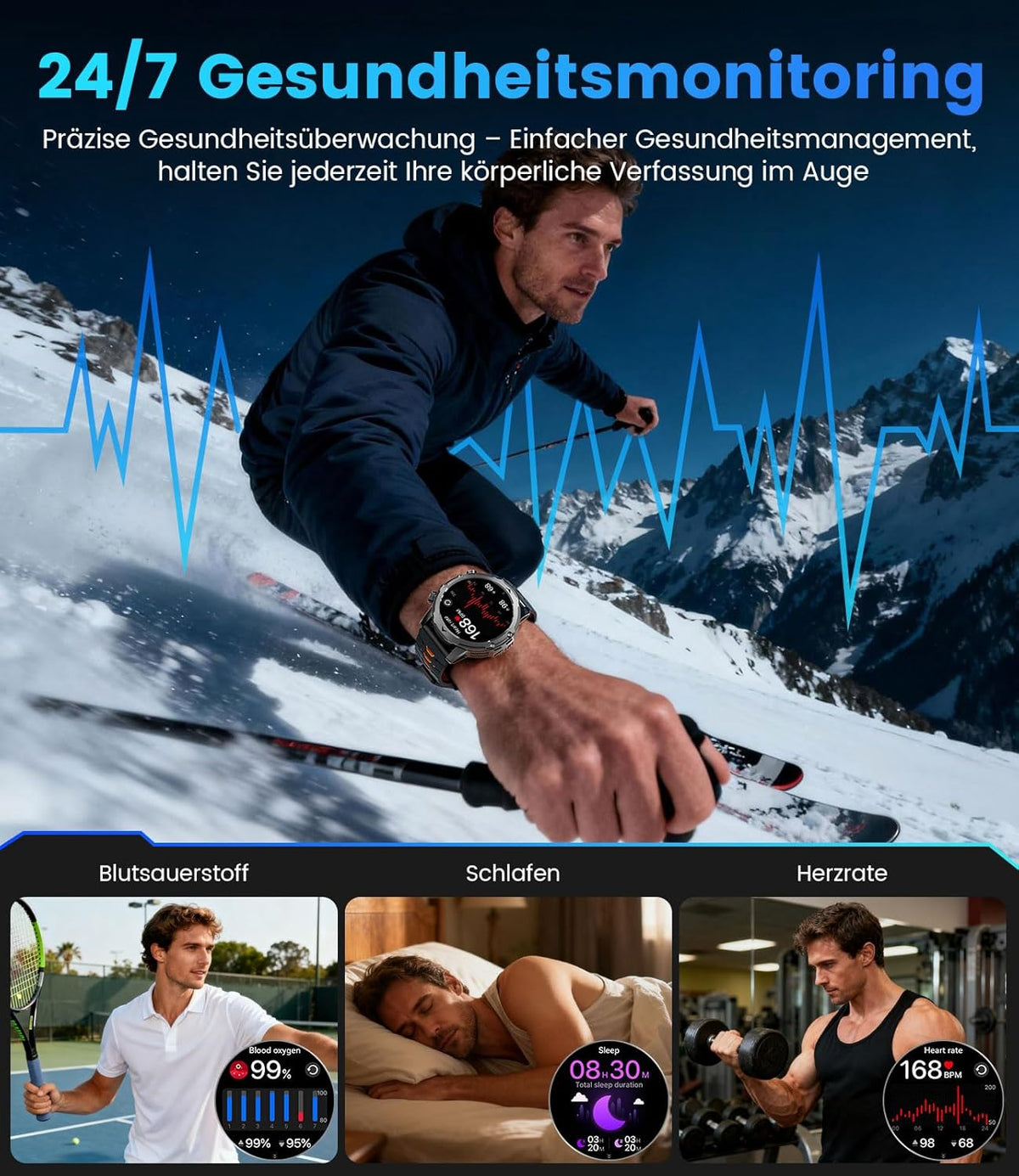 Smartwatch voor heren met 1000 mAh batterij voor Android iOS, 1,53 inch HD groot touchscreen, militaire smartwatch met 24 uur hartslag/110 sportmodi, IP68 waterdichte zaklamp, fitnesshorloge, 3
