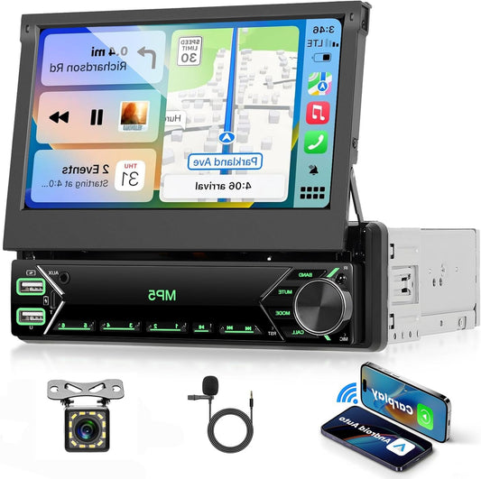 Car Radio, 1 Din with Wireless Carplay Android Car, 7 Inch IPS HD, Manual Flip Touch Screen Radio, Support Bluetooth Link Mirror, DAB FM 2 USB Type-C Steering Wheel Controls - QUORE