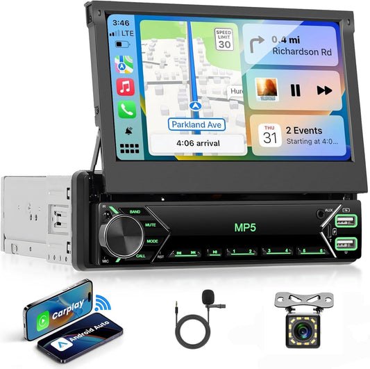 Autoradio, 1 Din met draadloze Carplay Android auto, 7 inch IPS HD, handmatige flip-touchscreen-radio, ondersteuning Bluetooth Link spiegel, DAB FM 2 USB Type-C stuurwielbedieningselementen