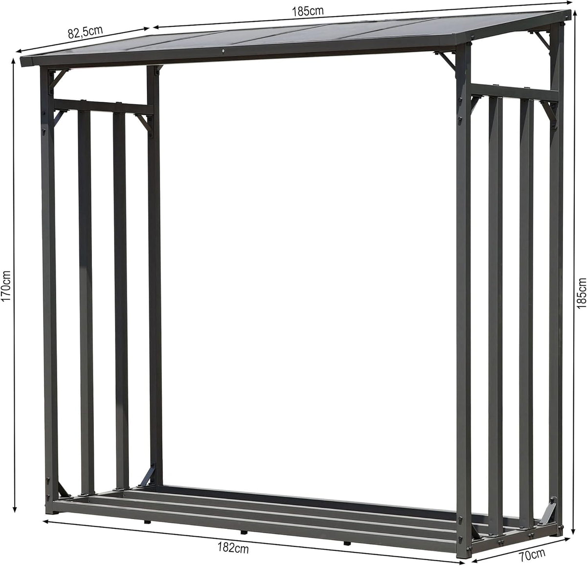 QUICK STAR Metalen brandhoutrek antraciet XXL 185 x 70 x 185 cm Tuin brandhoutopslag 2,3 m3 Brandhoutopslag stapelhulp buiten