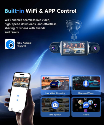 Dashcam 2K auto met wifi, 4 1080p dashcams met 3 inch IPS-display, nachtzicht, versnellingsmeter, 360 graden bescherming, ondersteunt 128G, G-sensor