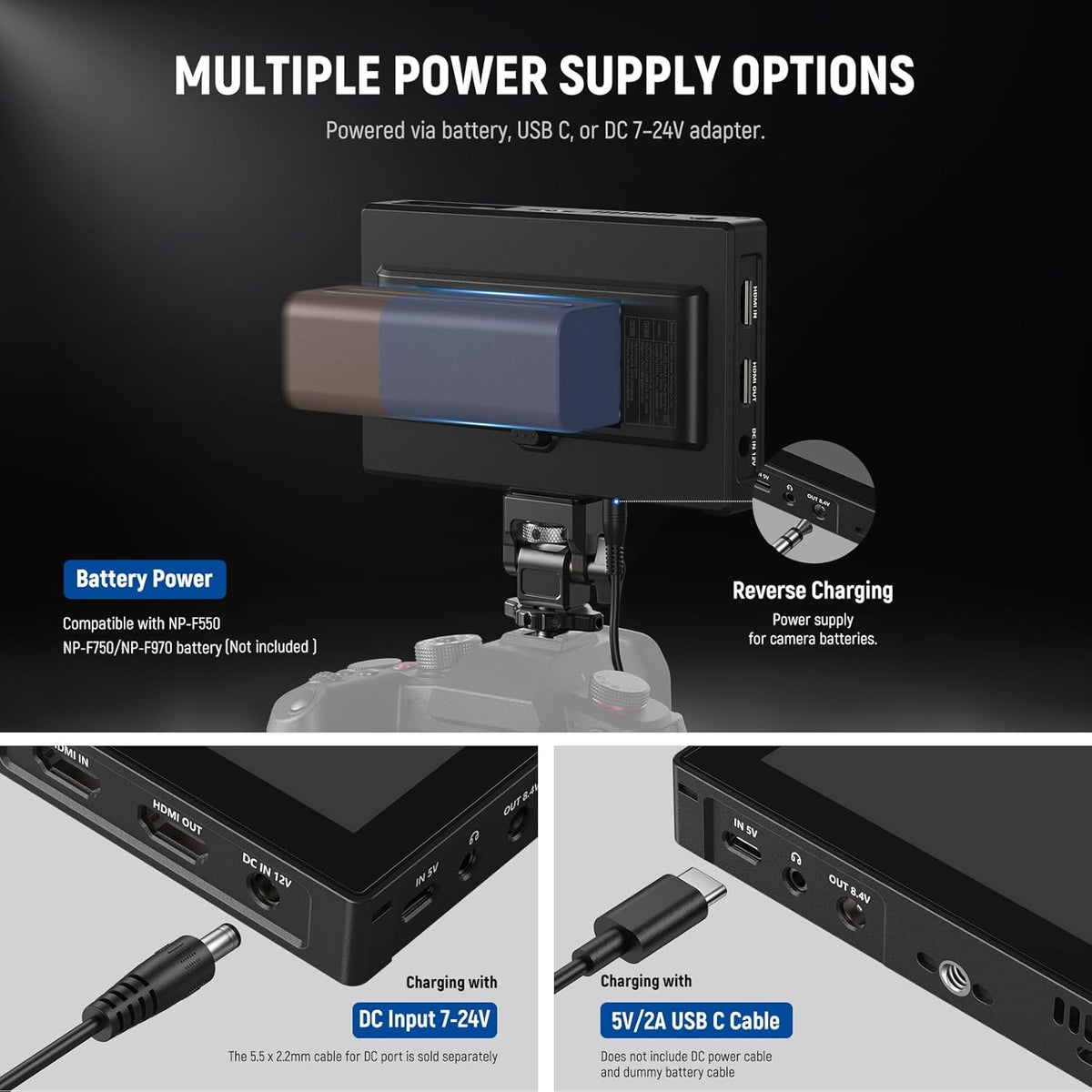 NEEWER 5,5 inch monitor camera, touchscreen IPS HD 1920x1080 1575nit, Loop in/out HDMI 4K met LUT 3D Peak Focus DSLR Video Assist HDR Waveform, batterij F750 5200mAh, DC7-24V/Type C 5V In, F500 PRO