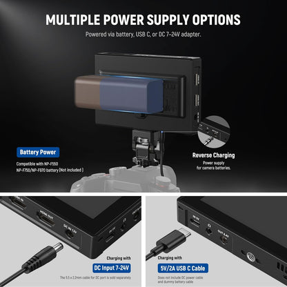 NEEWER 5,5 inch monitor camera, touchscreen IPS HD 1920x1080 1575nit, Loop in/out HDMI 4K met LUT 3D Peak Focus DSLR Video Assist HDR Waveform, batterij F750 5200mAh, DC7-24V/Type C 5V In, F500 PRO