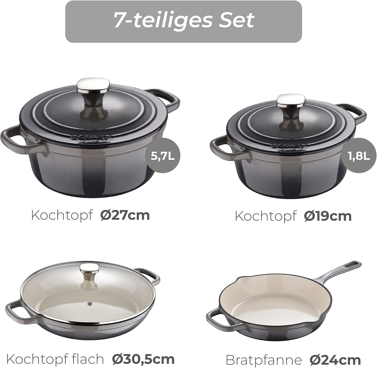 MasterPro Unique 7-Piece Cookware Set Kitchen Set with 3 Saucepans Diameter 19, 27 and 30.5 cm with Lid and 1 Casserole 24.5 cm Ergonomic Handle Suitable for All Kitchen Types - QUORE