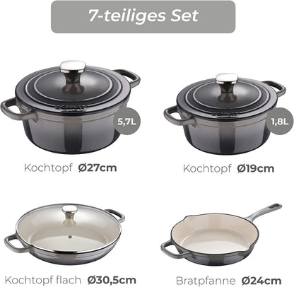 MasterPro Unique 7-Piece Cookware Set Kitchen Set with 3 Saucepans Diameter 19, 27 and 30.5 cm with Lid and 1 Casserole 24.5 cm Ergonomic Handle Suitable for All Kitchen Types - QUORE