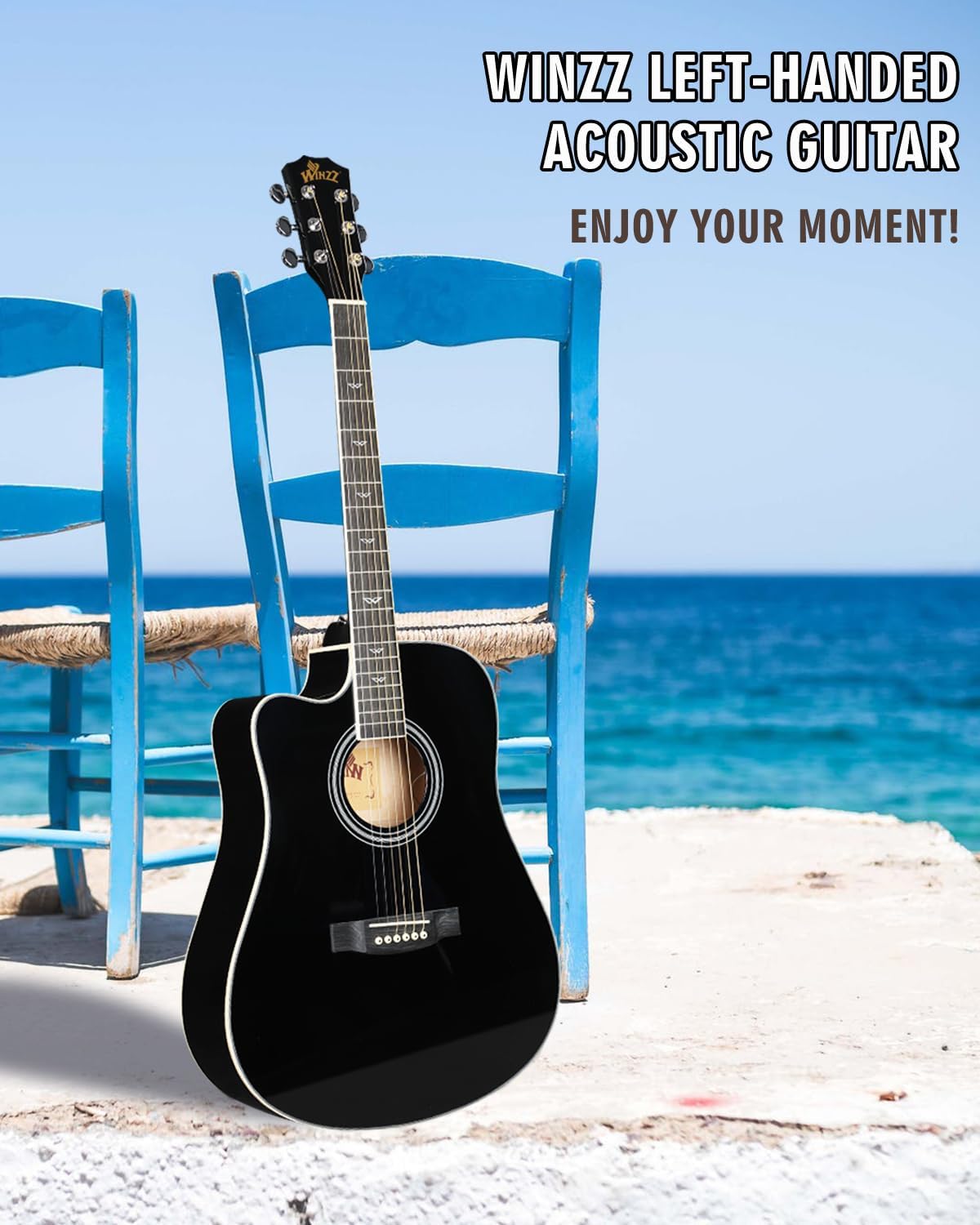 Winzz Elektro-akoestische gitaar voor volwassenen, 4/4 full-size beginnersgitaar folk voor kinderen vanaf 12 jaar (linkshandig, zwart)
