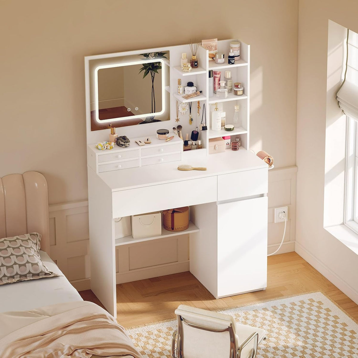 Make-up Tafel – Kaptafel – Toiletspiegel – Make-up Bureau – Make-up Spiegel – LED Spiegel Met 3 Kleurtemperaturen – Ingebouwde Stopcontacten Met 6 Lades