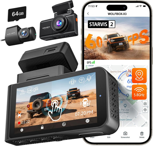 WOLFBOX X3 2.5K 60FPS Dashcam Auto, STARVIS 2 IMX675 met ADAS, 2.5K+1080P Dual Dashcam Auto Voor Achter, Geïntegreerde 5.8GHz WiFi & GPS, Gratis 64GB Kaart, Touchscreen, G-Sensor, Loop Recording