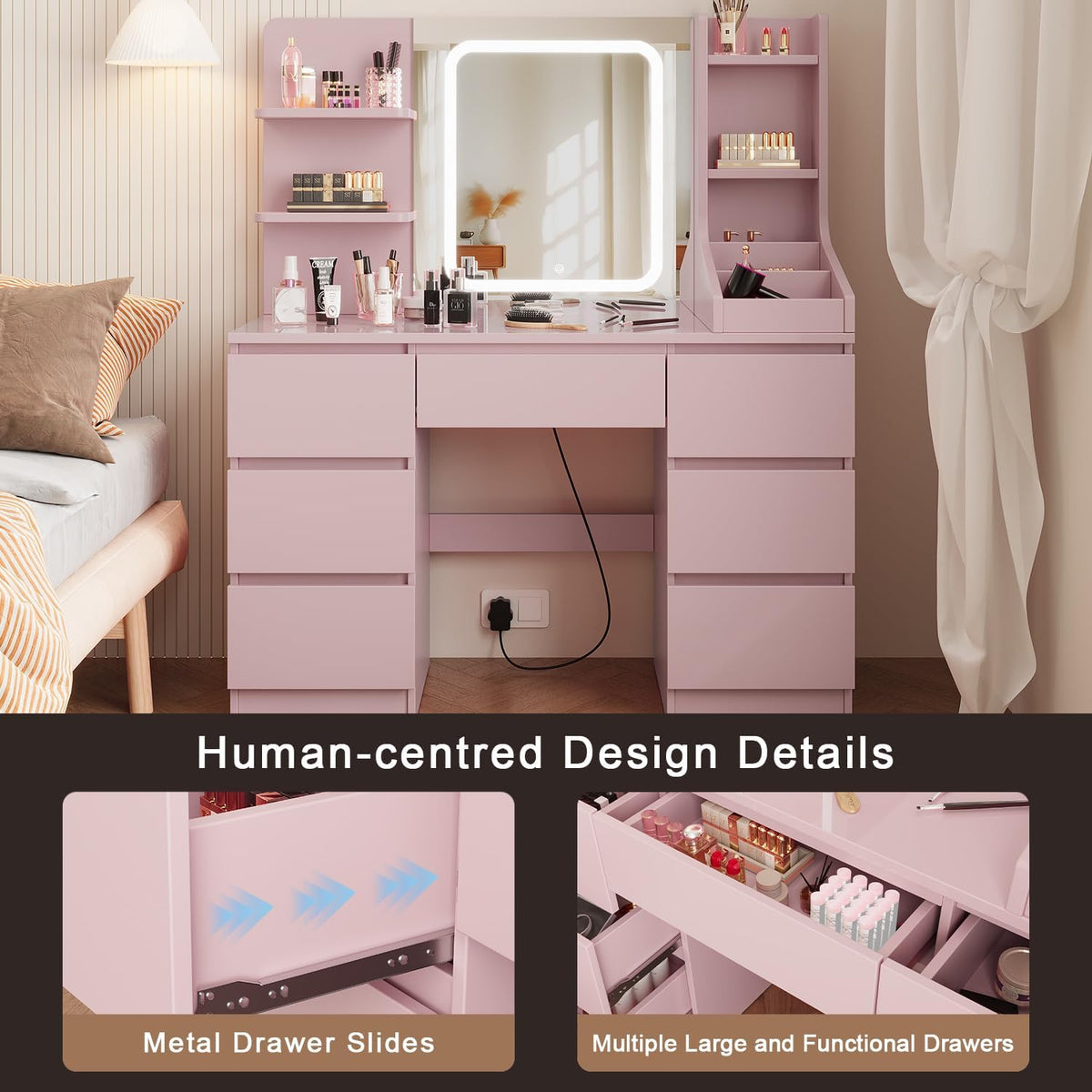 Devoko Large Dressing Table with Adjustable LED Lights and Drawer, Makeup Table with Mirror, Makeup Table with 7 Drawers, 4Open Storage Shelves, Modern Bedroom Furniture for Girls,110 x 40cm(Pink) - QUORE