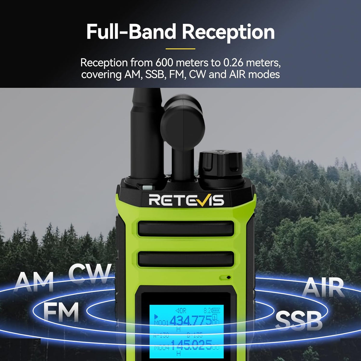 Retevis A3 Tweerichtingsradio, Quad-band Hamradio, AM/SSB/FM/AIR-Modi, Tweekanaals, 2500 mAh, Instelbare Walkietalkie voor de Jacht, Reiziger, Camping (1 stuk)