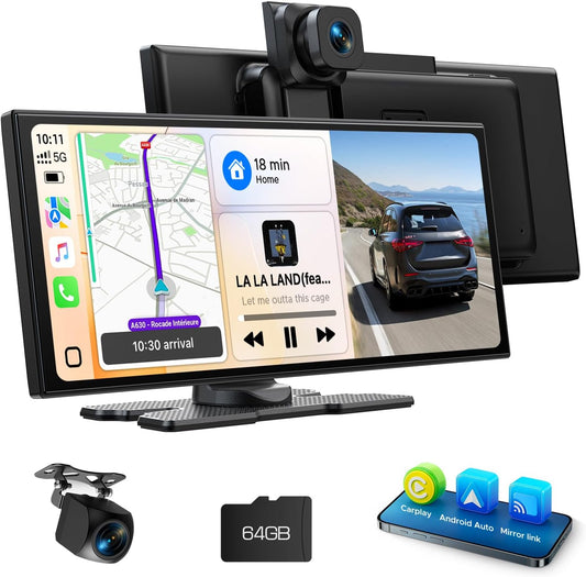 10,25" Draadloos Carplay-scherm Voor Auto Met 2,5K + 1080P Dashcam En Achteruitrijcamera Ondersteunt AppIe Carplay En Android Auto Draagbare Carplay Spraakassistent Mirrorlink Navigatie Bluetooth AUX