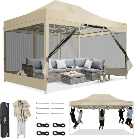 COBIZI Canopy Tent 10x15 Heavy Duty pop-up luifel met zijwanden waterdicht, eenvoudig op te zetten tuinhuisje met klamboe, outdoor mesh schermtenten voor feesten bruiloft feest met draagtas, kaki