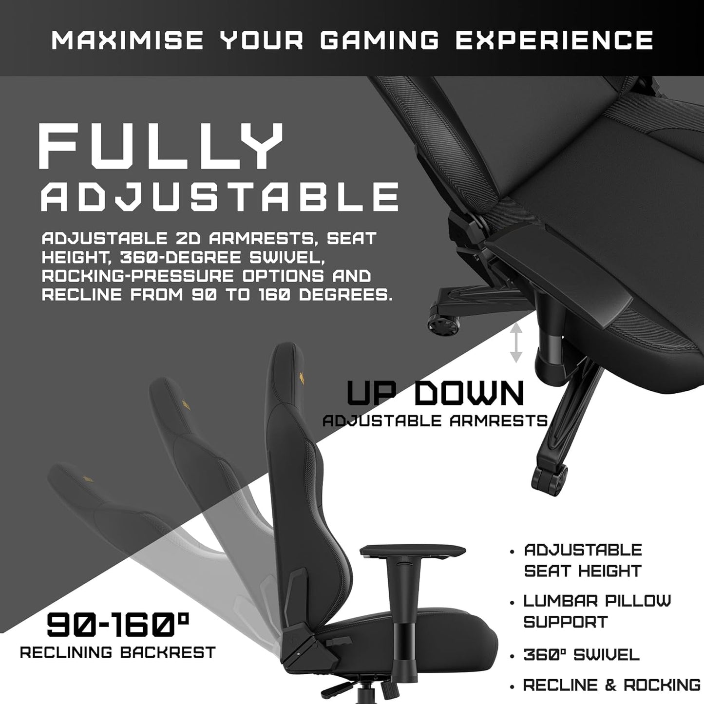 Anda Seat Phantom 3 Gamingstoel, ergonomische bureaustoelen, liggende videogame-gamestoel, nek- en lendenrugsteun - grote premium zwarte pvc-lederen gamingstoel voor volwassenen
