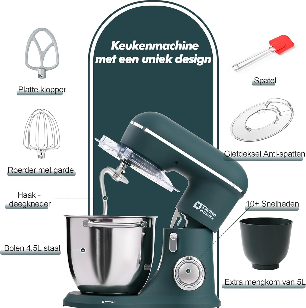 Kitchen in the Box Keukenmachine, 1300W, 10 snelheden, 4.5L + 5L mengkommen, elektrische standmixer met garde, klopper en deeghaak (Donkergroen, 4.5L)