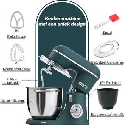 Kitchen in the Box Keukenmachine, 1300W, 10 snelheden, 4.5L + 5L mengkommen, elektrische standmixer met garde, klopper en deeghaak (Donkergroen, 4.5L)