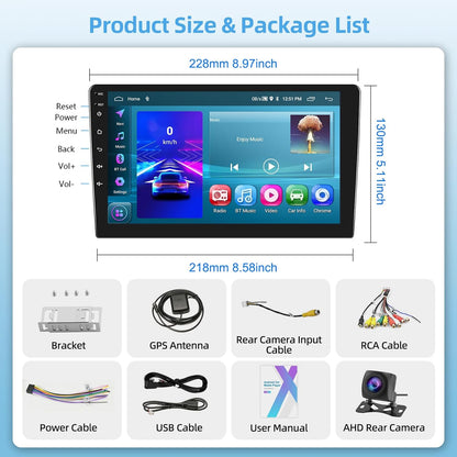 Draadloze Carpaly Autoradio Android 15.0, 2 Din 9'' HD Touchscreen Autoradio met Android Auto/GPS Navigatie/Bluetooth/Mirror Link/Achteruitrijcamera/Stuurwielbediening/FM/RDS + MIC