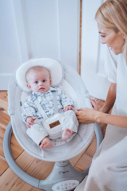 MOMI KENANI Rocking Chair for Children up to 9 kg Weight Foldable with Remote Control and Bluetooth for Connecting to Smartphone, Batteries and Mains with 5-Point Safety Belt - QUORE