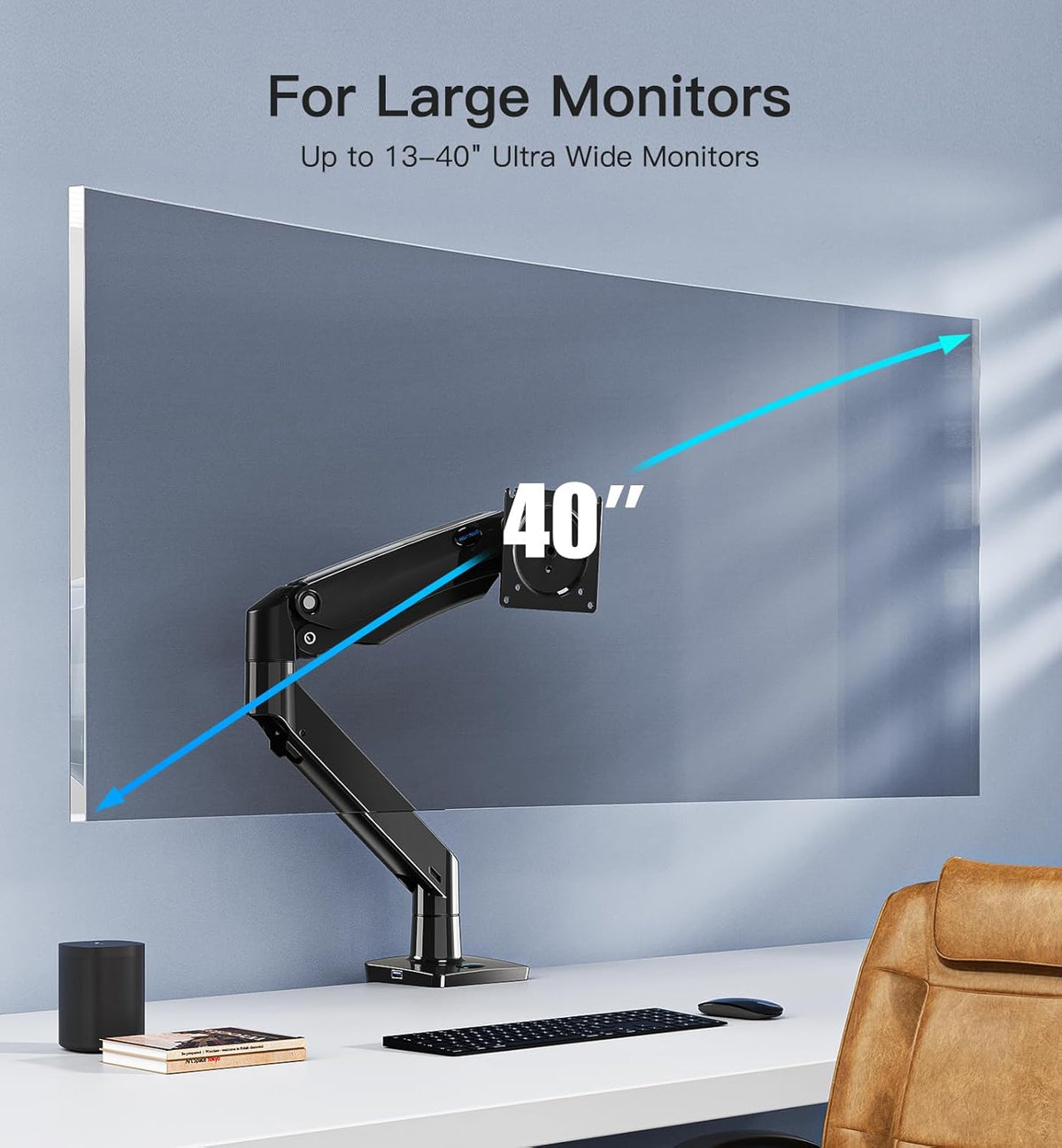 HUANUO PC-monitorstandaard 2 schermen ultra-breed van 15 tot 35 inch, arm voor pc-monitor met gasveer met USB-kabel, volledig bewegende pc-monitorarm tot 12 kg