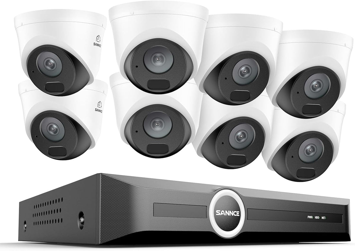 SANNCE POE Bewakingscamera-set 5MP 8CH NVR + 8 x 3MP waterdichte camera's met slimme IR-LED's, Bewegingsdetectie, APP-melding, Nachtzicht tot 30 meter