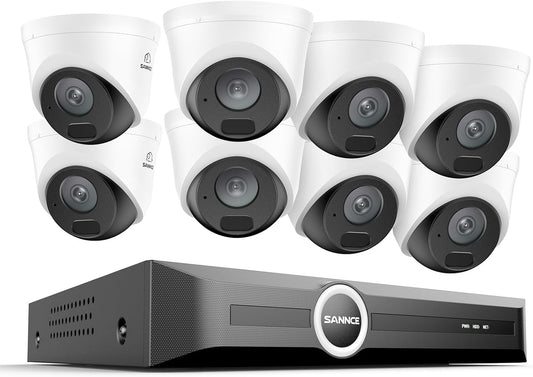 SANNCE POE Bewakingscamera-set 5MP 8CH NVR + 8 x 3MP waterdichte camera's met slimme IR-LED's, Bewegingsdetectie, APP-melding, Nachtzicht tot 30 meter