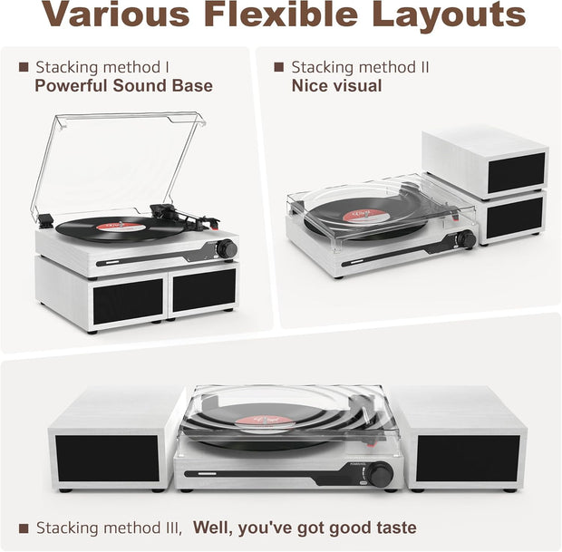 Platenspeler - Geïntegreerde Luidsprekers - Vintage Fonograaf - met Bluetooth 5.3 Ondersteunt - 2 Dubbele Stereoluidsprekers - 3 Snelheden - AUX - RCA - USB - Draadloos Afspelen - Hout - Wit