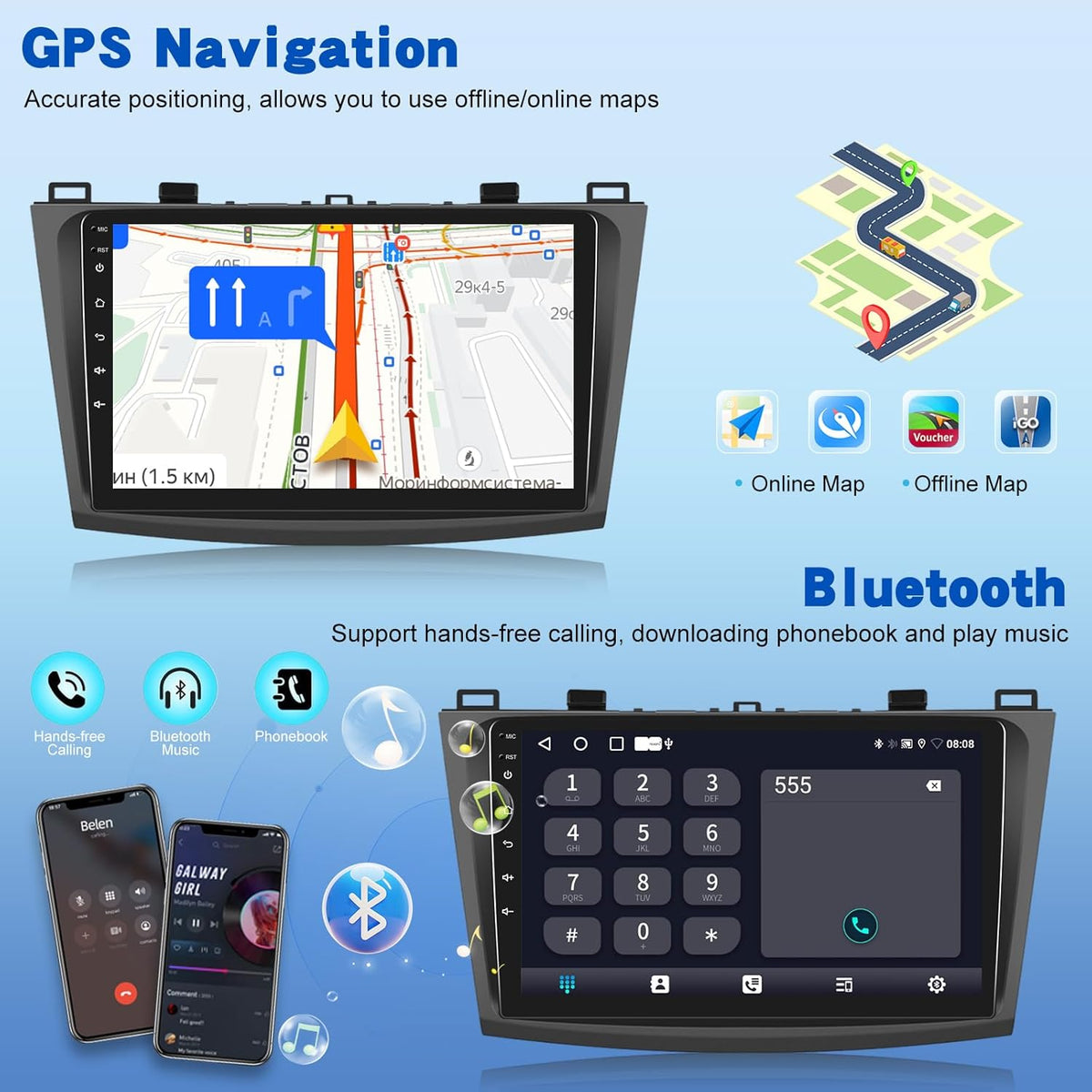 2G+64G Android Car Stereo for Mazda 3 2009-2013, 9 inch Touchscreen Radio with Wireless Carplay & Android Auto/WiFi/GPS/Bluetooth/EQ/FM RDS Radio+Backup Camera +Mic