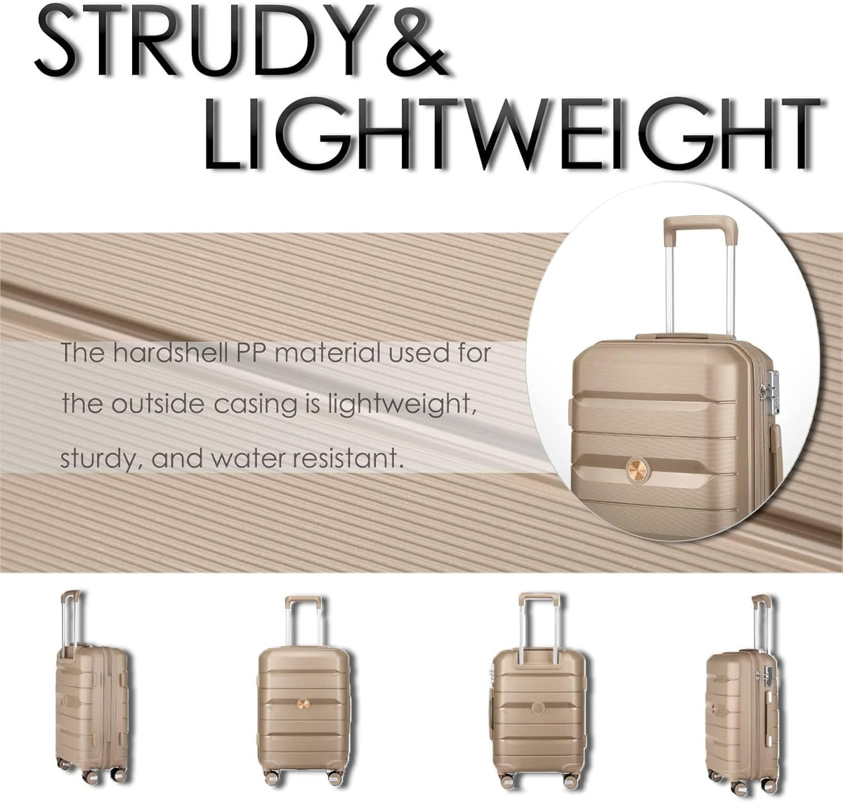 Sea choice Kofferset 4st Handbagage Trolley Koffer met Beautycase Harde Schaal Polypropyleen Reiskoffer TSA slot 4 dubbele Wielen S-M-L-XL (Kofferset 3(Uitbreidbaar), Edel Goud)