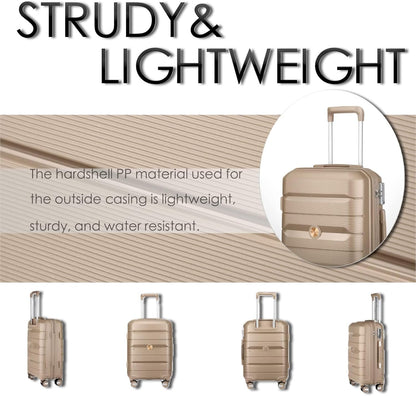 Sea choice Kofferset 4st Handbagage Trolley Koffer met Beautycase Harde Schaal Polypropyleen Reiskoffer TSA slot 4 dubbele Wielen S-M-L-XL (Kofferset 3(Uitbreidbaar), Edel Goud)