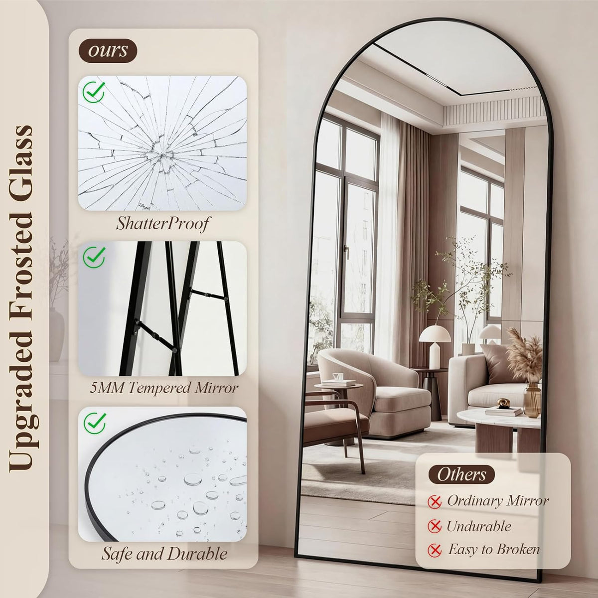 Volledige Lichaamsspiegel – Vloerspiegel – Wandspiegel – Full Body Spiegel – Grote Spiegel – Aluminiumlegering Frame – Hardglas Met Veiligheidsfolie – 180 x 75 cm – Gebogen Voet Voor Stabiliteit