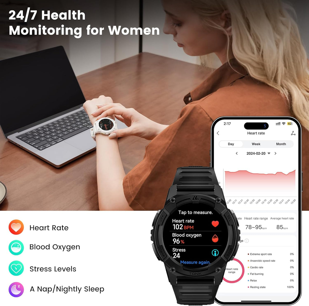 KOSPET Tank S2 Smartwatch voor dames en heren, met GPS en telefoonfunctie, 5 ATM waterdicht, fitnesstracker met AMOLED-display, bewaking van hartslag, SpO2, slaap, cyclusbewaking, 170+ sportmodi