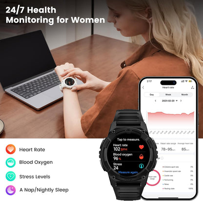 KOSPET Tank S2 Smartwatch voor dames en heren, met GPS en telefoonfunctie, 5 ATM waterdicht, fitnesstracker met AMOLED-display, bewaking van hartslag, SpO2, slaap, cyclusbewaking, 170+ sportmodi