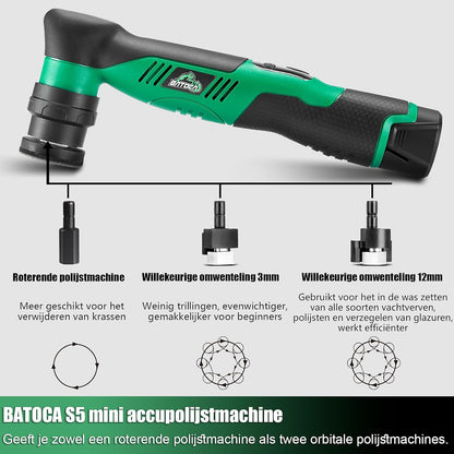 BATOCA S5 Snoerloze Auto Polijstmachine Mini Polijstmachine met 2 12V 2.0Ah Batterijen Roterende & Orbitale Auto Polijstmachine 25mm/50mm/75mm Polijstpads 6 Snelheden 2000-5500RPM voor Auto Detailing