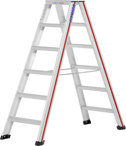 Hymer Trapladder 2 x 6 treden (aan beide zijden beloopbaar, spreidbeveiliging, grote lederen schoenen, standhoogte ca. 0,91 m) 602412