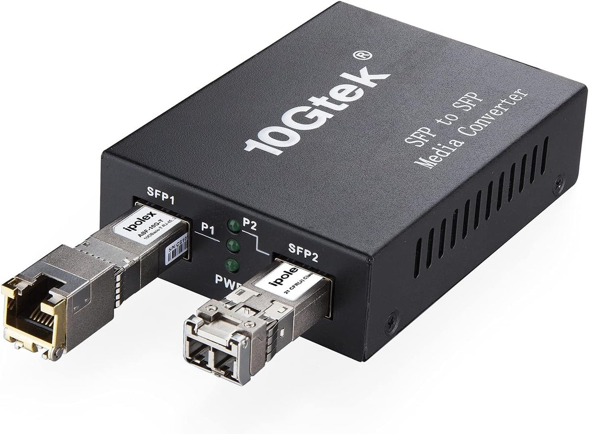 ipolex 10G Ethernet mediaconverter, 10G Dual SFP+ poort, glasvezel mediaconverter volledig verpakt met een 10GBase-T transceiver (30m@CAT.6aCAT.7) en een 10GBase-SR module (850-nm, 300m@OM2OM3MMF).