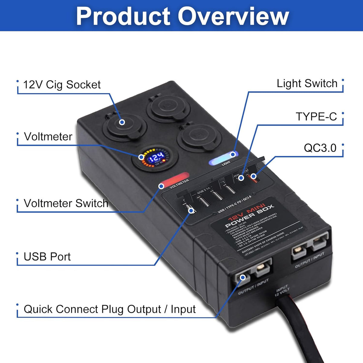 Mini Power Distribution Box 12V DC Batterij Socket Max. 50A Stroom met 2 x Anderson, 6 x USB & 3 x Cig Sockets, Mini Batterij Box voor Outdoor RV Camping Vissen Noodgevallen