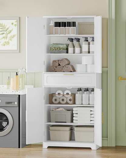 Hzuaneri High Dresser with 4 Doors, Kitchen Cabinet with Drawer, Adjustable Shelf, for Living Room, Kitchen, Dining Room, 40 x 75 x 181 cm, White PT18103XEU