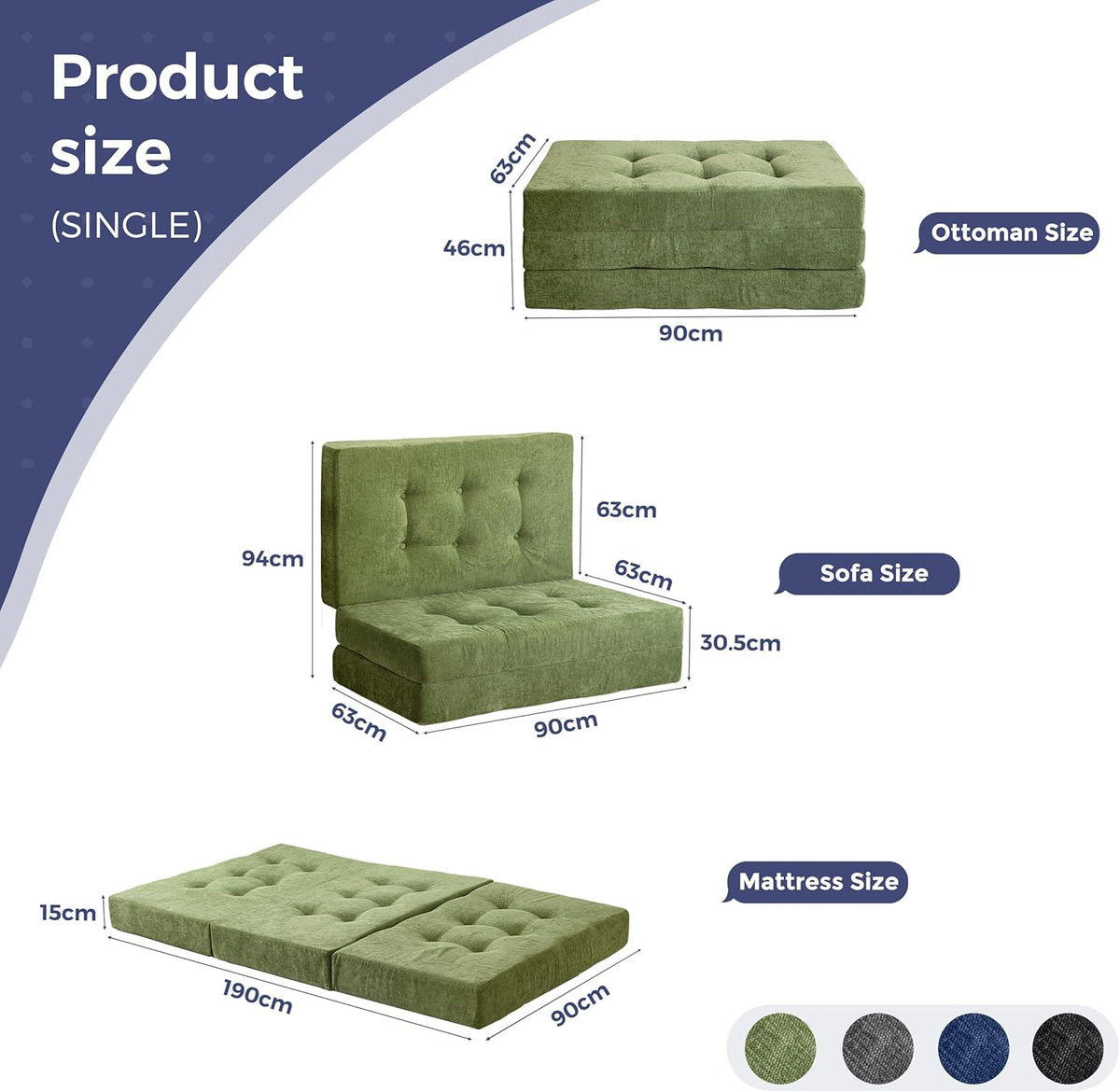 MAXYOYO Opvouwbare Matras Eenpersoons, 15 cm Comfortabele Opvouwbare Matras Met Chenille-Stof, Driekwijd Vloer Futon Bank Bed Voor Gast, Vouwmatras Topper Voor Camping, Lichtgroen, Enkel
