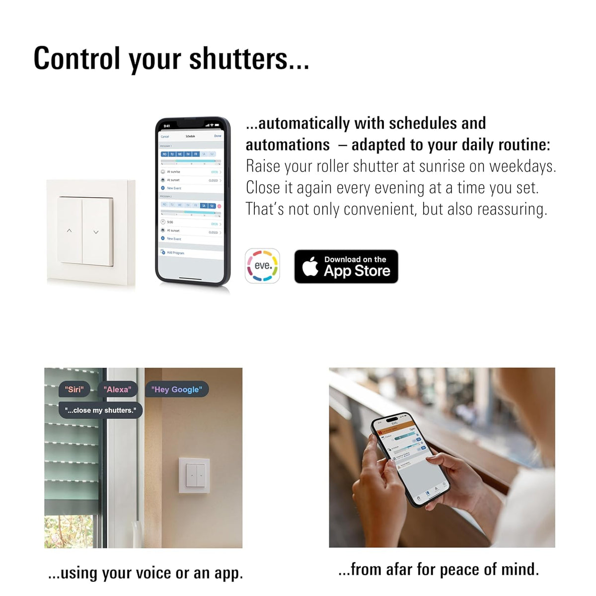 Eve Shutter Switch (Matter) 3 stuks - Smarte Rollladensteuerung für Alexa;Apple Home;Google;SmartThings; App- und Sprachsteuerung; Automationen; benötigt Thread Border Router und Nullleiter