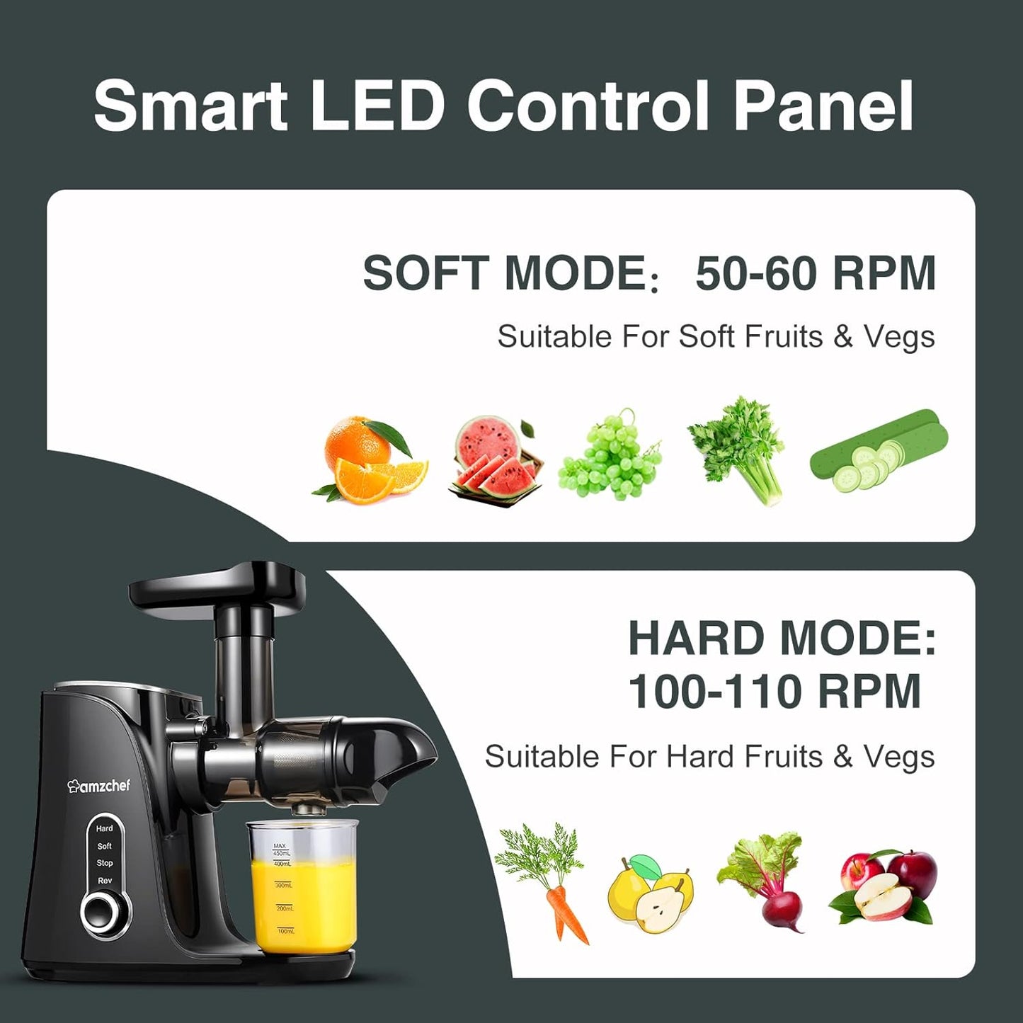 AMZCHEF Cold Press Slow Juicer met 2 snelheidsstanden （Zachte en harde stand）voor een breed scala aan fruit en groenten - Juicer wordt geleverd met een 500ml draagbare fles en twee kopjes - Zwart