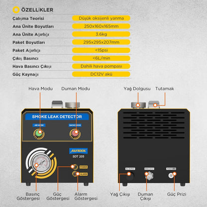 AUTOOL SDT205 Auto Rookmachine Lekdetector met Dual Modes, EVAP Systeem Brandstofleiding Lekkage Tester/Locator Diagnostisch Hulpmiddel voor Alle 12V Voertuigen, Evap-rookmachine met adapter