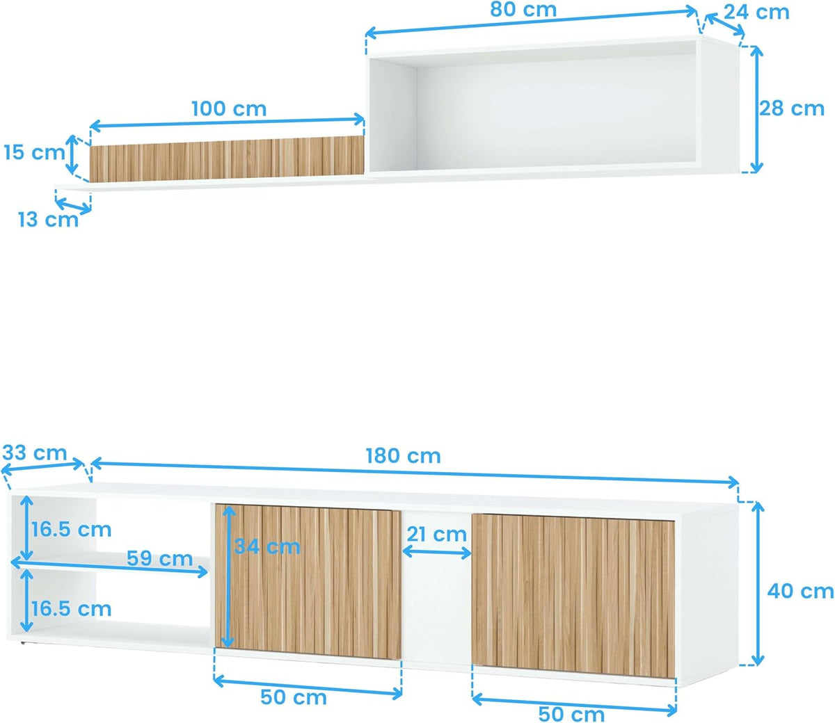 Habitdesign Tv-meubel, omkeerbaar, model Ecco, witte afwerking, artik en natuur, afmetingen: 40 cm (H) x 180 cm (B) x 33 cm (D)