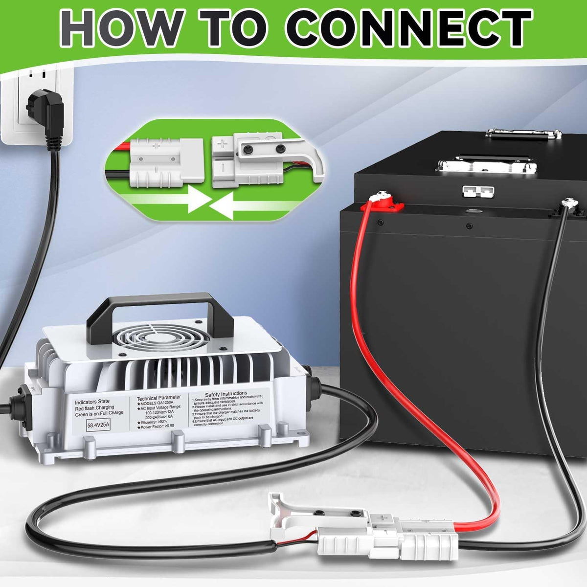 58,4V 25A LiFePO4 Oplader – Batterijlader – Acculader – Lithium-ijzerfosfaat Lader – 48V Oplader – Snelladen – Veiligheidsbeveiliging