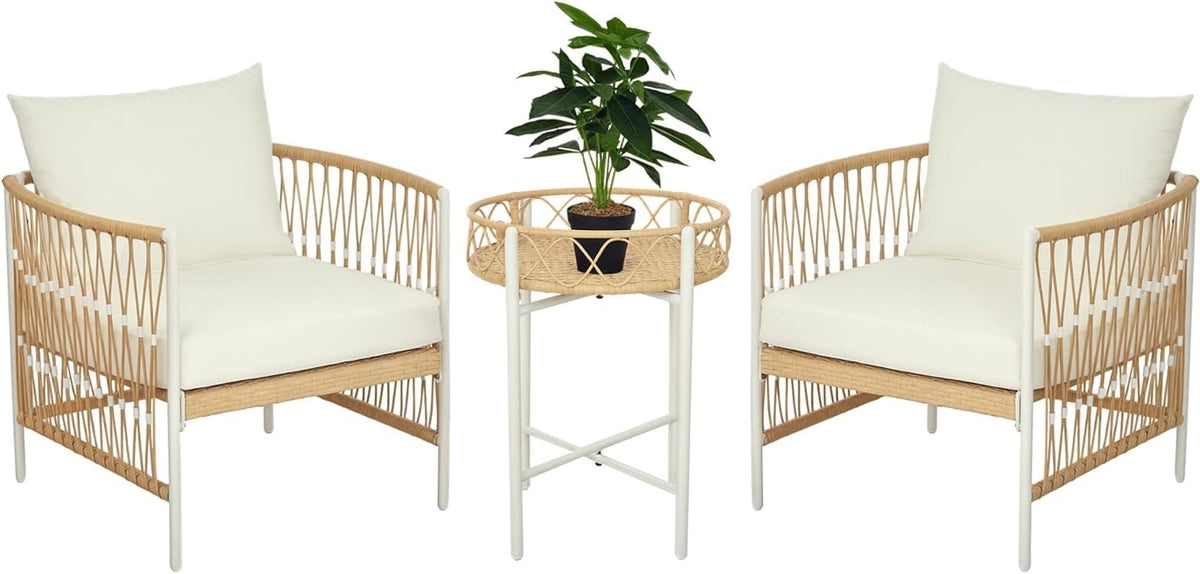 Outsunny 3-Piece Rattan Garden Furniture Set, Garden Set with 2 Garden Chairs, Coffee Table, Balcony Furniture Set with Cushions, for Balcony, Terrace, Yellow+Cream. - QUORE