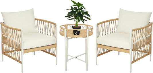 Outsunny 3-Piece Rattan Garden Furniture Set, Garden Set with 2 Garden Chairs, Coffee Table, Balcony Furniture Set with Cushions, for Balcony, Terrace, Yellow+Cream. - QUORE