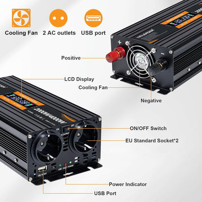 Omvormer 12V Naar 230V 2000W – Spanningsomvormer – Stroomomvormer – DC-AC Omvormer – Inverter – LCD-Display – 2 Stopcontacten En USB-Poorten